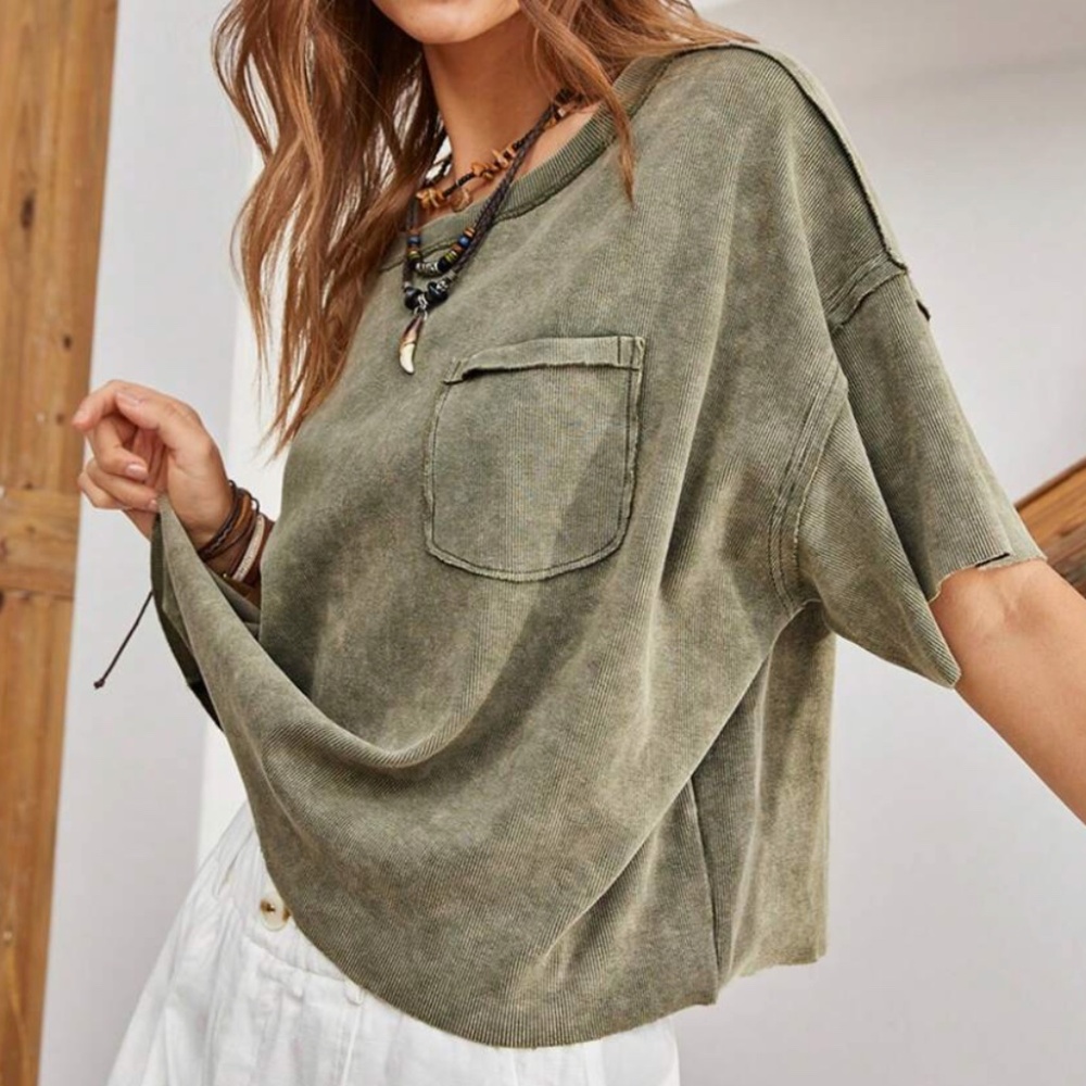 Boho Style Army Green Tshirt - Boxy Faded